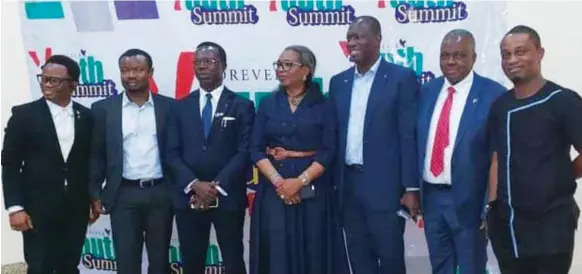  ??  ?? L-R: Mr. Sobowale Adedola; Country Sales Manager, FLP Nigeria, Ikechukwu Daniel; President, Coscharis Group, Dr. Cosmas Maduka; Chairman, First Bank Nigeria Plc., Mrs. Ibukun Awosika; VP Africa, Forever Living Products, Mr. Jean-Baptiste Amichia; Double Diamond Manager, FLP, Business Coach/FBO, Dr. Clement Indigo; Soles Ezekiel at the event