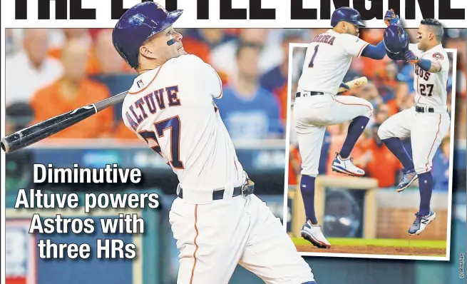  ??  ?? TRIO GRAND: Jose Altuve, the Astros’ 5-foot-6 MVP candidate, launches his second of three home runs, then celebrates with Carlos Correa as the Astros cruised.