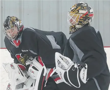  ?? TONY CALDWELL ?? Craig Anderson, left, watches the action alongside fellow Senators goaltender Mike Condon during practice at the Bell Sensplex on Friday. Anderson has had several leaves of absence to be with his wife, Nicholle, as she continues treatment for a rare...