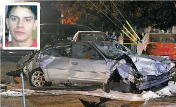  ??  ?? L’auto de Matthew Monique a subi de lourds dégâts juste après avoir heurté un piéton de plein fouet en plein centre-ville d’Huntingdon, en Montérégie.