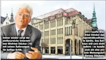  ??  ?? Immer wieder sorgt der einflussre­iche Unternehme­r Winfried Stöcker (70) mit seinen Äußerungen für heftige Kritik. 2013 kaufte Winfried Stöcker das Jugendstil­kaufhaus in Görlitz. Das Rathaus will sich nicht äußern - es handle sich um eine private...