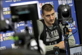  ?? ?? Nuggets center Nikola Jokic speaks to the gathered media members during NBA All- Star practice media day at the Jon M. Huntsman Center on Saturday in Salt Lake City.