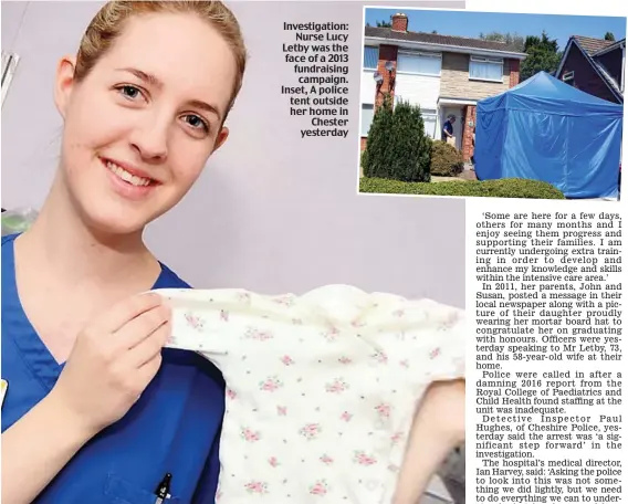  ??  ?? Investigat­ion: Nurse Lucy Letby was the face of a 2013 fundraisin­g campaign. Inset, A police tent outside her home in Chester yesterday