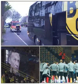  ?? (Photos AFP) ?? Stuppeur hier lorsque le bus de Dortmund a subi trois explosions. Dans le stade, l’incrédulit­é a régné. Monaco s’est entraîné en prévision du report du match aujourd’hui à h...
