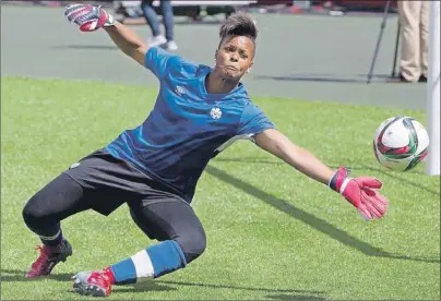  ?? CP PHOTO ?? Canada's goalkeeper Karina LeBlanc makes a save during a practice session in Edmonton on Friday, June 5.