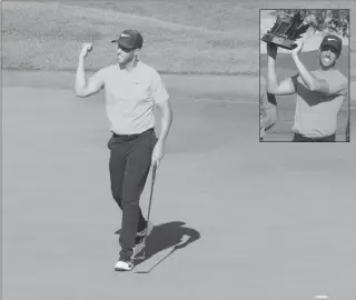  ?? Herald photos by Dale Woodard ?? T.T. Crouch pumps his fist after his birdie putt falls on the second hole to clinch the first Lethbridge Paradise Canyon Open championsh­ip Sunday afternoon at the Paradise Canyon Golf Resort. Crouch defeated Zach Wright on the second playoff hole. Inset: Crouch hoists the ammolite trophy.