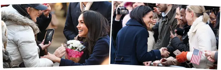  ??  ?? Girl of the people: Meghan was happy to chat with fans at the walkabout Confident: She peeled away from her prince to greet well-wishers yesterday