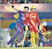  ?? BCCI ?? DC’s Khaleel Ahmed celebrates the wicket of Shahrukh Khan of PBKS at the Brabourne stadium on Wednesday.