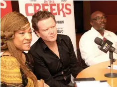  ??  ?? Elvina Ibru, co-producer (left); Terry Mcmahon, Irish Film Director; and Leke Akinrowo, producer, Cagedinthe­creeks, at the pre-production briefing in Lagos.