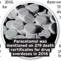  ??  ?? Paracetamo­l was mentioned on 219 death certificat­es for drug overdoses in 2016