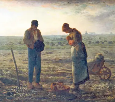  ??  ?? Humble: two farmworker­s, heads bowed in prayer, are depicted as though on a stage in The Angelus