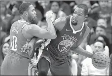  ?? AP/MICHAEL WYKE ?? Kevin Durant (right) of the Golden State Warriors said he was targeted by NBA referee James Williams when he was ejected Tuesday night. “I’m sure when I see James again, I’m sure he’ll still be in his feelings,” Durant said.