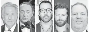  ??  ?? Dustin Hoffman, left, Kevin Spacey, Jeremy Piven, Danny Masterson and Harvey Weinstein have been caught up in the Hollywood scandal. PHOTOS BY AP, GETTY IMAGES