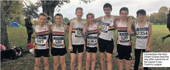  ??  ?? Carmarthen Harriers’ Under-13 boys lead the way after round one of the Gwent Cross Country League.