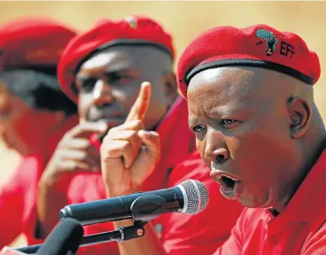  ?? /Reuters ?? Consolidat­ion: EFF leader Julius Malema and party leaders went on a charm offensive on Thursday, revealing the party’s electoral and coalition tactics to editors and journalist­s. The party is hoping to play kingmaker after national elections in 2019.