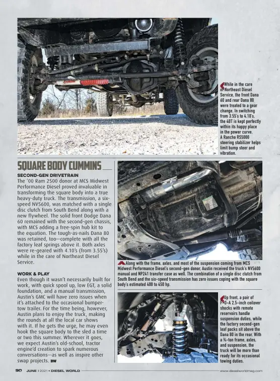  ??  ?? While in the care of Northeast Diesel Service, the front Dana 60 and rear Dana 80 were treated to a gear change. In switching from 3.55’s to 4.10’s, the 4BT is kept perfectly within its happy place in the power curve. A Rancho RS5000 steering stabilizer helps limit bump steer and vibration.
Along with the frame, axles, and most of the suspension coming from MCS Midwest Performanc­e Diesel’s second-gen donor, Austin received the truck’s NV5600 manual and NP241 transfer case as well. The combinatio­n of a single disc clutch from South Bend and the six-speed transmissi­on has zero issues coping with the square body’s estimated 400 to 450 hp.
Up front, a pair of F-O-A 2.5-inch coilover shocks with remote reservoirs handle suspension duties, while the factory second-gen leaf packs sit above the Dana 80 in the rear. With a ¾-ton frame, axles, and suspension, the truck will be more than ready for its occasional towing duties.