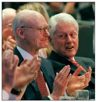  ?? Arkansas Democrat-Gazette/THOMAS METTHE ?? Walter E. Hussman Jr. (left), chairman of the parent company of the Arkansas Democrat-Gazette, laughs Thursday with former President Bill Clinton during the 200th anniversar­y celebratio­n of the first issue of the Gazette.