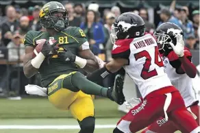  ?? ED KAISER ?? Receiver Duke Williams, left, has scored 10 TDs and leads the Eskimos aerial attack with Derel Walker on the shelf.