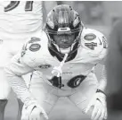  ?? KARL MERTON FERRON/BALTIMORE SUN ?? Baltimore Ravens linebacker Malik Harrison waits for the signal to run during preseason practice at the Ravens’ training facility Saturday.