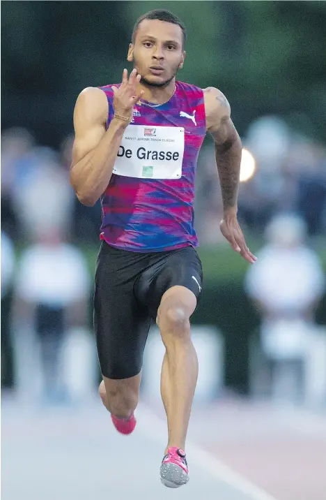  ?? — THE CANADIAN PRESS FILES ?? Canada’s Andre De Grasse, seen here at the Harry Jerome Internatio­nal Track Classic in Coquitlam last month, wants to beat Usain Bolt at the world championsh­ips before Bolt retires.