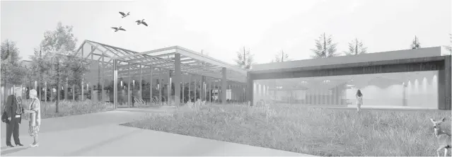  ??  ?? An artist’s rendering of the proposed Sechelt sewage treatment plant illustrate­s the plan to build what is essentiall­y a greenhouse over the sewage holding tanks.