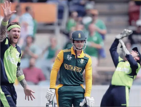  ?? Picture: JASON REED, REUTERS ?? JUST CAN’T HIT IT: A dejected Quinton de Kock is dismissed cheaply against Ireland. The Proteas opener has scored just 22 runs in five games. WELLINGTON: With all due respect to the United Arab Emirates, tomorrow’s encounter is less about them and more...