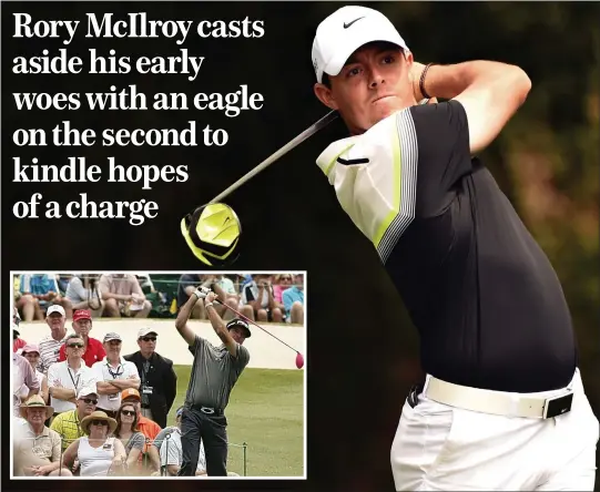  ??  ?? FLOWER POWER: Rory McIlroy and (inset) Bubba Watson were well off the pace at the start of the third round at Augusta National