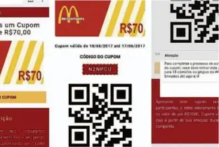  ?? Reprodução ?? Reprodução do falso cupom que dá desconto em compras em lojas da rede McDonald’s pelo WhatsApp; golpe atinge 100 mil pessoas em menos de 24 horas