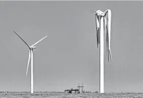  ?? CHRIS LANDSBERGE­R/THE OKLAHOMAN ?? Damaged wind turbines on a failing wind farm owned by Olympia Renewable Platform, LLC, in Guymon, Okla., on June 8.