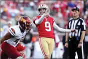  ?? KARL MONDON — BAY AREA NEWS GROUP, FILE ?? Niners kicker Robbie Gould (9) kicks a field goal in the fourth quarter against the Commanders at Levi’s Stadium in Santa Clara on Dec. 24.