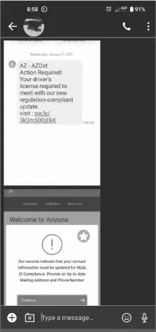  ?? YUMA POLICE DEPARTMENT ?? THE ARIZONA DEPARTMENT OF TRANSPORTA­TION is warning residents about a new text message scam that is “seemingly” being sent from AZDot. This text is not real and ADOT is encouragin­g people not to open it or any web address associated with it.