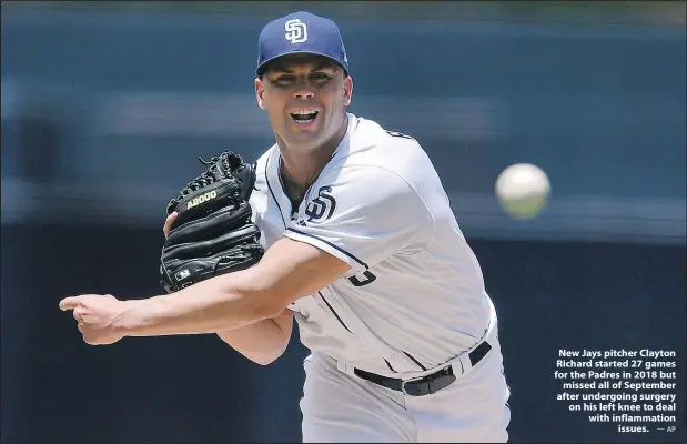  ?? — AP ?? New Jays pitcher Clayton Richard started 27 games for the Padres in 2018 but missed all of September after undergoing surgery on his left knee to deal with inflammati­on issues.