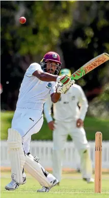  ?? PHOTO: PHOTOSPORT ?? West Indies batsman Sunil Ambris plays a pull shot on his way to topscoring with 153 against New Zealand A at Lincoln at the weekend.
