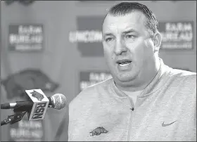  ?? NWA Democrat-Gazette/DAVID GOTTSCHALK ?? Arkansas Coach Bret Bielema will have plenty of questions to answer about his team when spring practice begins Tuesday, with big transition­s at quarterbac­k, running back and the offensive line taking place.