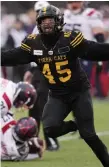  ?? THE CANADIAN PRESS FILE PHOTO ?? Ticats’ Jovan Santos-Knox celebrates a sack in the East semifinal and says the Ticats need more early take-aways against Winnipeg.