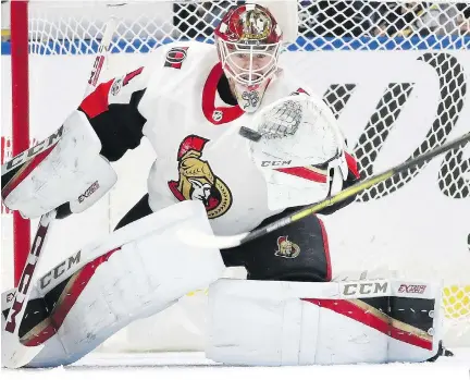  ?? KEVIN HOFFMAN/GETTY IMAGES ?? Ottawa Senators goaltender Mike Condon says in-game rewards are earned by each player’s efforts in practice and off the ice in the workout room. “You get your bounces when the game lights aren’t on, when no one’s watching, when you’re in practice.”