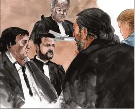  ?? (Croquis d’audience Rémi Kerfridin) ?? Face aux accusés, Me Anthony Dunan assistait le boulanger, avant le réquisitoi­re de l’avocat général Ahmed Chafai.