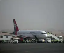  ?? ?? A Yemen Airways plane Is prepared For Departure As THE first Commercial flight At SANAA Airport, YEMEN, on Monday. — ap