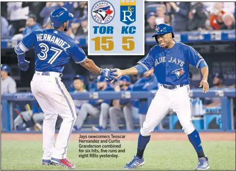  ?? TOM SZCZERBOWS­KI/GETTY IMAGES ?? Jays newcomers Teoscar Hernandez and Curtis Granderson combined for six hits, five runs and eight RBIs yesterday.