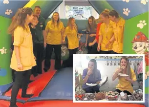  ??  ?? Nursery staff from Footprints enjoy themselves on the bouncy castle and (inset) tuck in at the cake stall