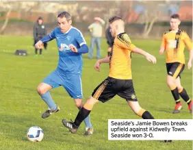  ??  ?? Seaside’s Jamie Bowen breaks upfield against Kidwelly Town. Seaside won 3-0.