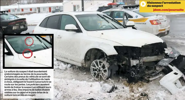  ??  ?? La voiture du suspect était lourdement endommagée au terme de la poursuite. Certains des pneus du véhicule se sont désintégré­s à la suite de l’utilisatio­n du tapis à clous, obligeant le fuyard à poursuivre sa route sur les jantes. Les policiers auraient tenté de freiner le suspect en utilisant leurs armes à feu. Des impacts de balles étaient visibles sur la capot et le pare-brise de la voiture (encerclés en rouge).