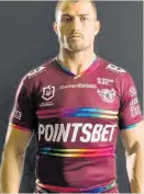  ?? ?? Kieran Foran models the Manly LGBTQIA+ jersey.