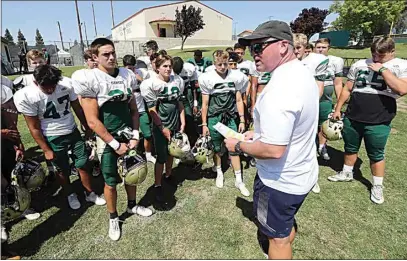  ?? ALEX HORVATH / THE CALIFORNIA­N ?? Garces High head coach Paul Golla address his players prior top the start of practice at Garces High School on Aug. 9.