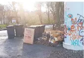  ??  ?? Auch neben einer Litfaßsäul­e fand sich ein Stapel Müll – gleich neben zwei Mülltonnen.