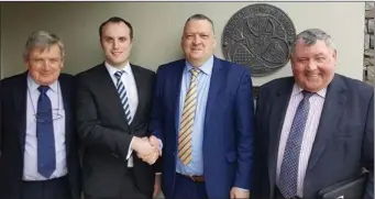 ??  ?? Cllr Gearóid Murphy (second left) being congratula­ted on his co-option to Kanturk/Mallow District by party colleague and committee chairman Cllr Bernard Moynihan and fellow members Cllr Gerard Murphy (FG) and Cllr Timmy Collins (Ind) at his first...
