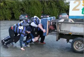  ??  ?? Wexford Wanderers members get pushing at the start of the ‘Scrum With Us’ event.