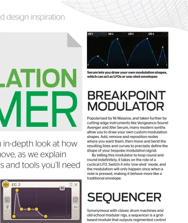  ??  ?? An envelope triggers when you hit a note, and its Release stage kicks in when you release that note Serum lets you draw your own modulation shapes, which can act as LFOs or one-shot envelopes