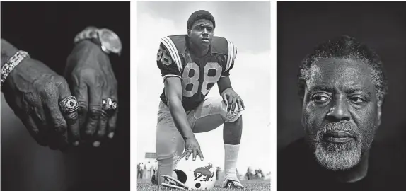  ?? Photos by Aaron Ontiveroz, The Denver Post, and the University of Wyoming ?? Left: Tony Mcgee, a member of the University of Wyoming football team’s Black 14, played in two Super Bowls with the Washington Redskins, winning one. Center: Mcgee is pictured in an undated photo during his college career with the Cowboys. The defensive lineman was a third-round pick of the Chicago Bears in the 1971 NFL draft. He made 69 starts and 21 sacks in the NFL. Right: Mcgee, now 70 years old, is pictured Feb. 8.