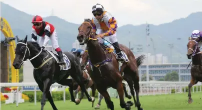  ??  ?? COURSE SUITED. Lunar Zephyr (centre), to be ridden by Dougie Whyte, is expected to win Race 3 today. The move to Happy Valley is strongly in his favour.